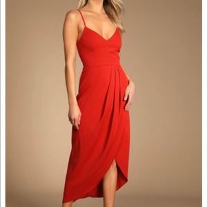 Lulu’s Reinette Rust Red Midi Dress sleeveless cocktail wedding guest dress